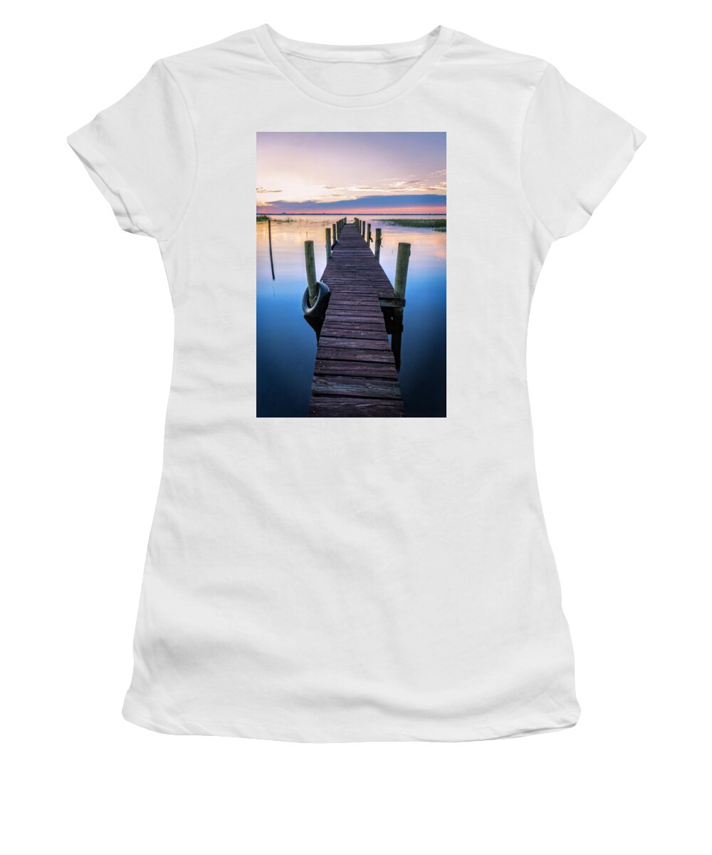 Clouds Women's T-Shirt featuring the photograph Dock into Dawn by Debra and Dave Vanderlaan