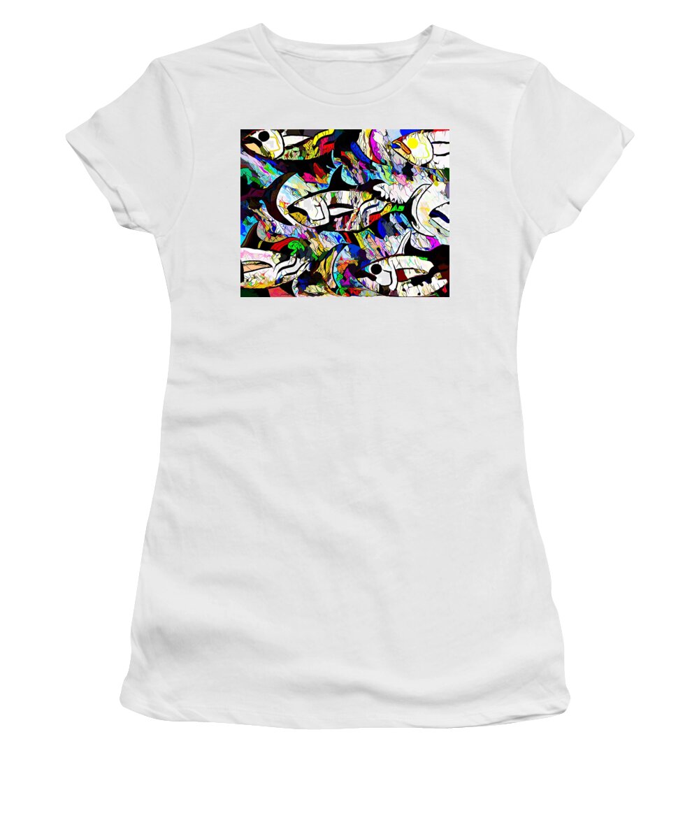 Modern Abstract Art Women's T-Shirt featuring the painting Fancy Fish Swimming By 2of2 by Joan Stratton