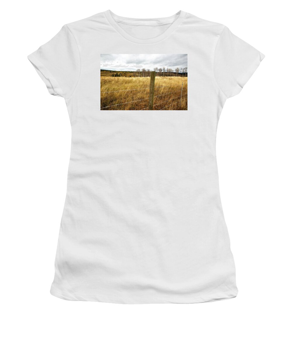 Fence Post And Speckled Hills Women's T-Shirt featuring the photograph Fence Post and Speckled Hills by Tom Cochran