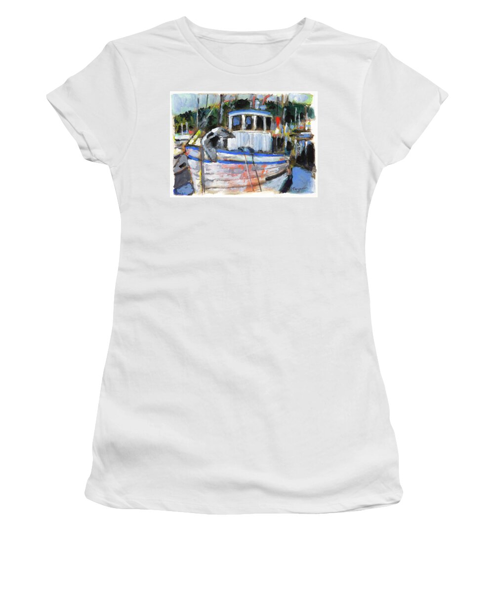 Garibaldi Harbor Women's T-Shirt featuring the painting Fishing Boat at Garibaldi by Mike Bergen