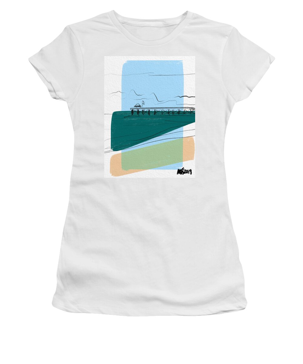 Beach Women's T-Shirt featuring the digital art Fishing Pier At Oak Island by Michael Kallstrom