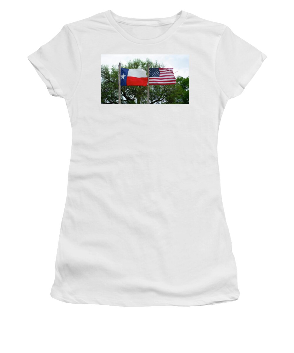 United States Women's T-Shirt featuring the photograph Flags Flying In The Wind by Patrick Nowotny