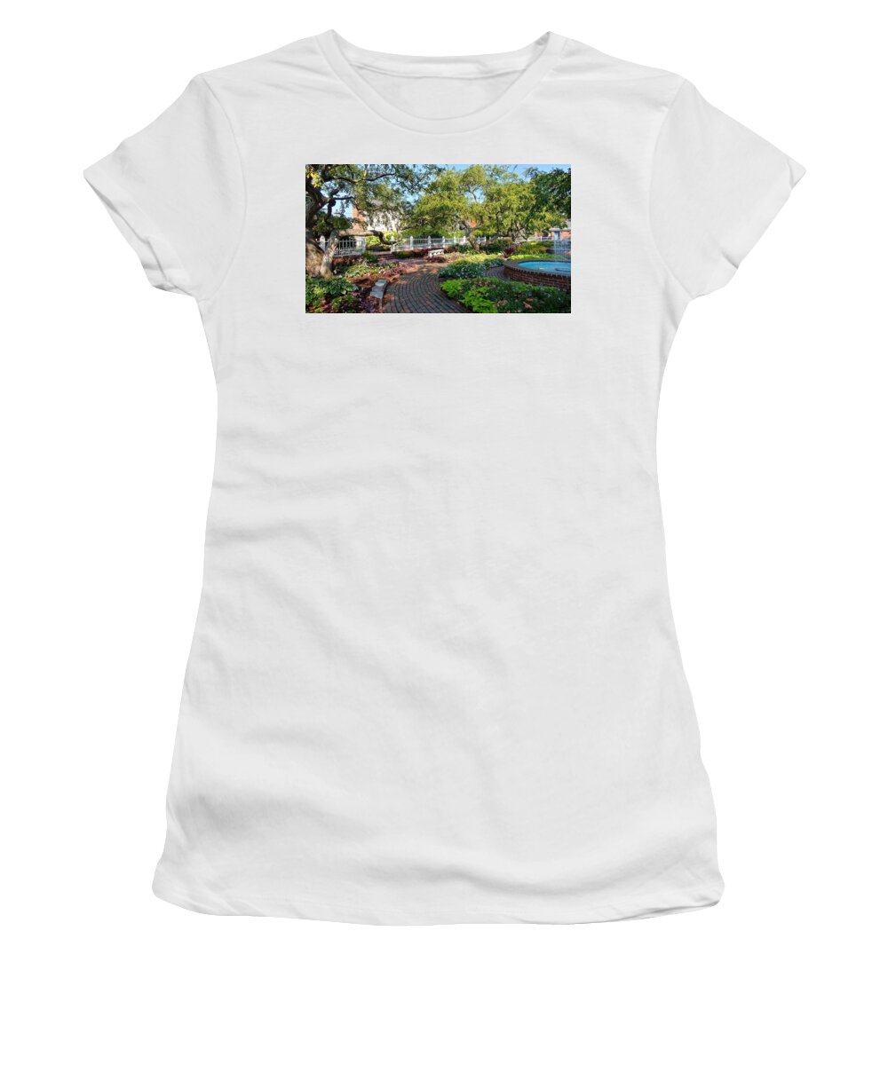Fountain Women's T-Shirt featuring the photograph Flowers and Fountains in Prescott Park by Patricia Caron