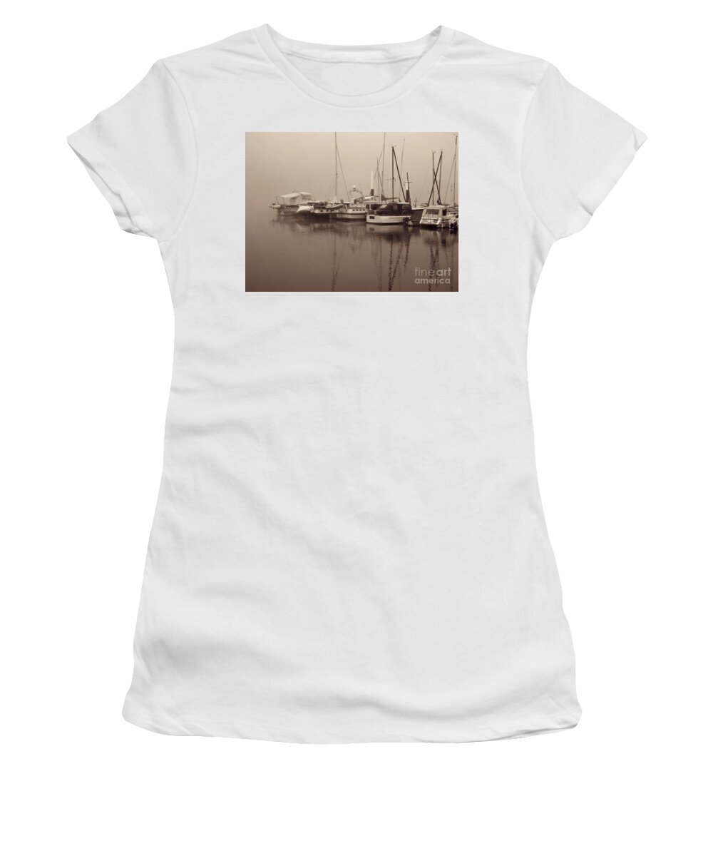 Boat Women's T-Shirt featuring the photograph Fog on the Rhine Sepia by Sarah Loft