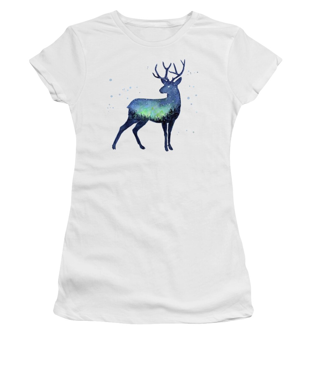 Reindeer Women's T-Shirt featuring the painting Galaxy Reindeer Silhouette by Olga Shvartsur