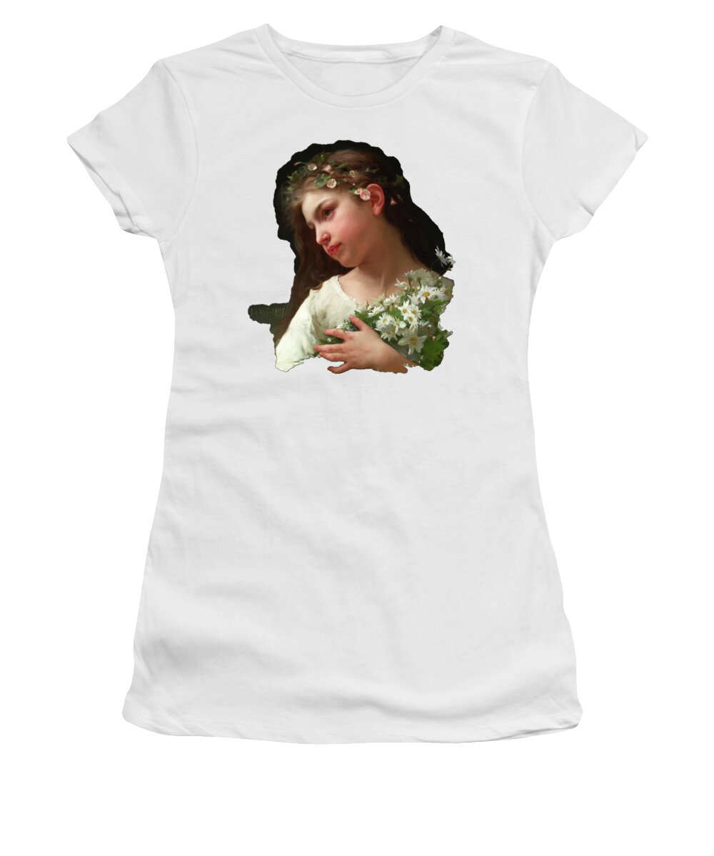 Girl With A Bouquet Of Daisies Women's T-Shirt featuring the painting Girl with a Bouquet of Daisies by Jules Cyrille Cave by Rolando Burbon