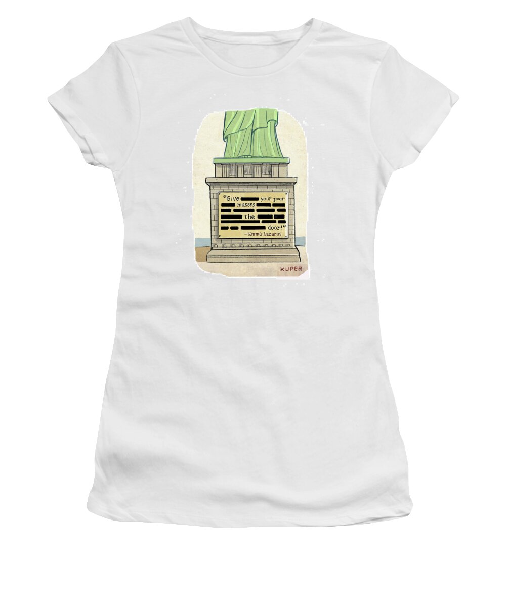 Captionless Women's T-Shirt featuring the drawing Give Your Poor Masses the Door by Peter Kuper