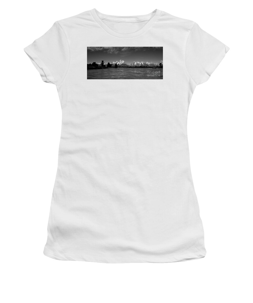 Grand Tetons Black And White Photography Women's T-Shirt featuring the photograph Grand Tetons by Lennie Malvone