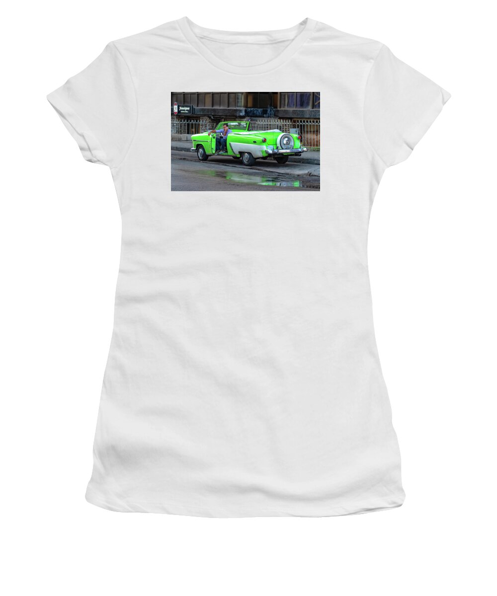 Havana Cuba Women's T-Shirt featuring the photograph Green And White Taxi by Tom Singleton