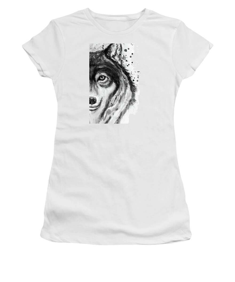 Marian Voicu Women's T-Shirt featuring the painting Half-Faced Wolf Close-up by Marian Voicu