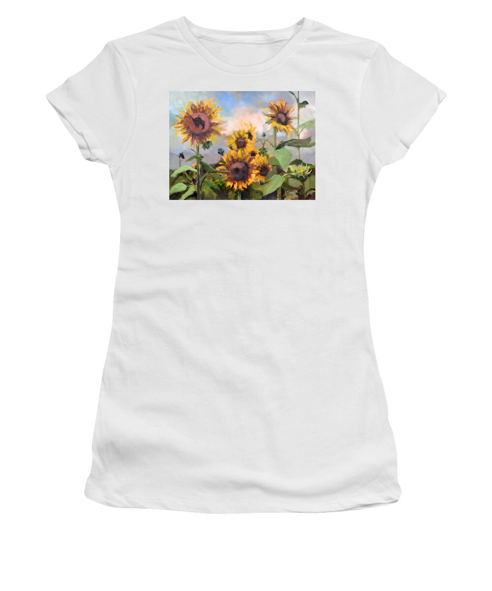 Painting Women's T-Shirt featuring the painting Happy Sunflower Faces by Donna Tuten
