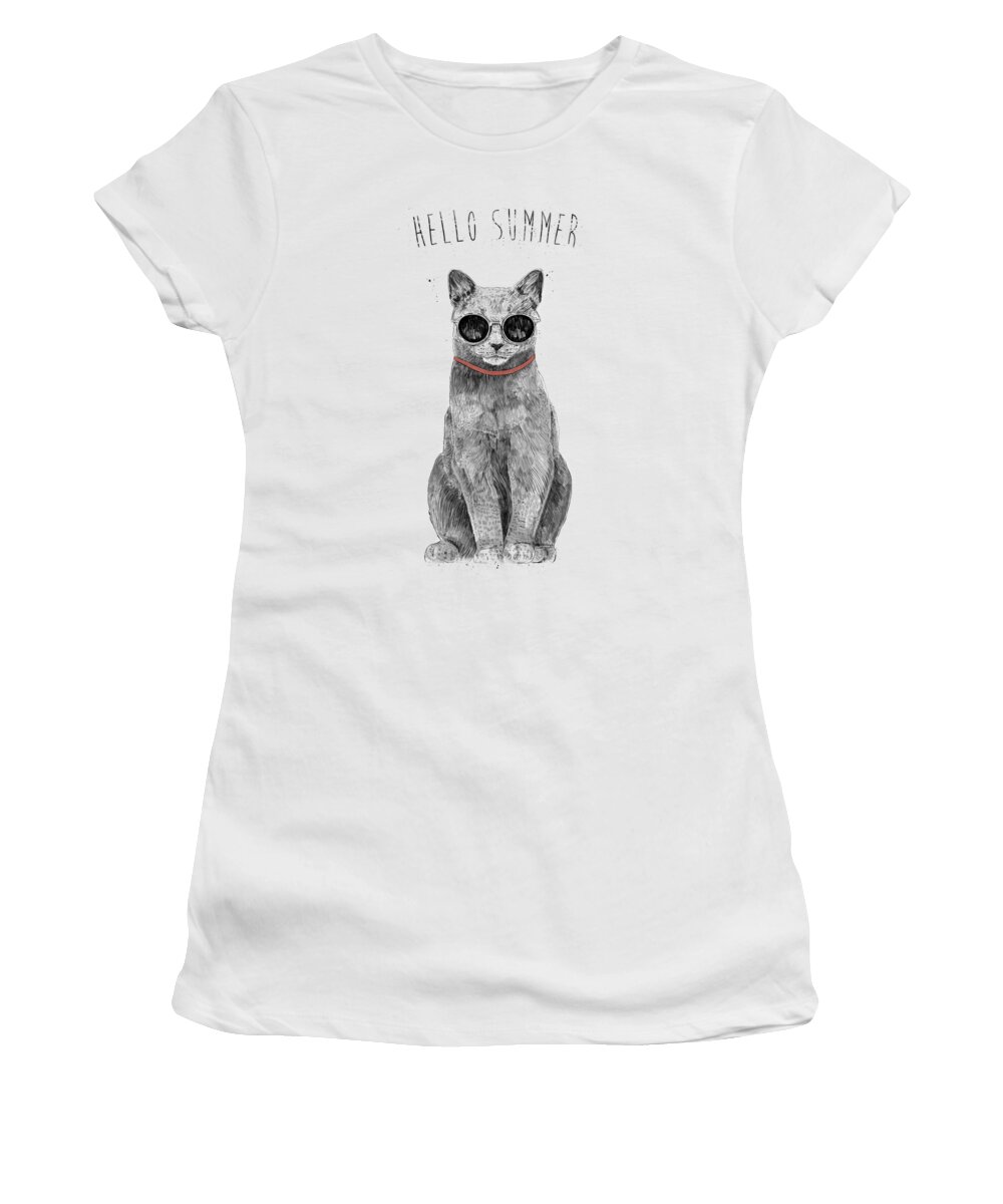Cat Women's T-Shirt featuring the drawing Hello Summer by Balazs Solti