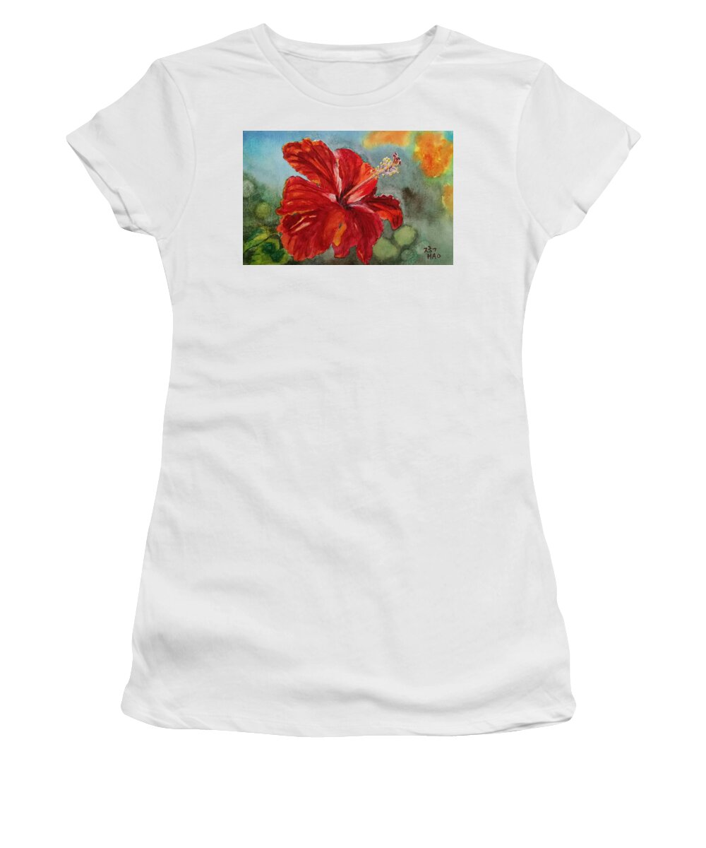 Hibiscus Women's T-Shirt featuring the painting Red Hibiscus by Helian Cornwell