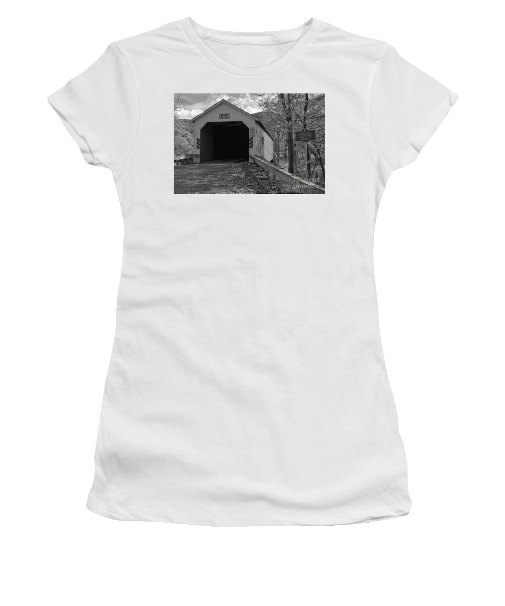 Eagleville Covered Bridge Women's T-Shirt featuring the photograph Historic Eagleville Covered Bridge Black And White by Adam Jewell