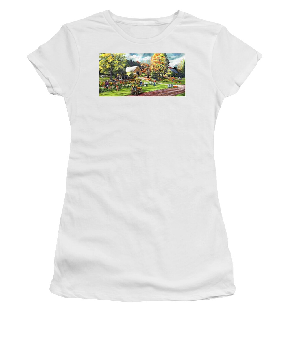 Autumn Women's T-Shirt featuring the painting Hodges Farm in Fairlee Vermont by Nancy Griswold