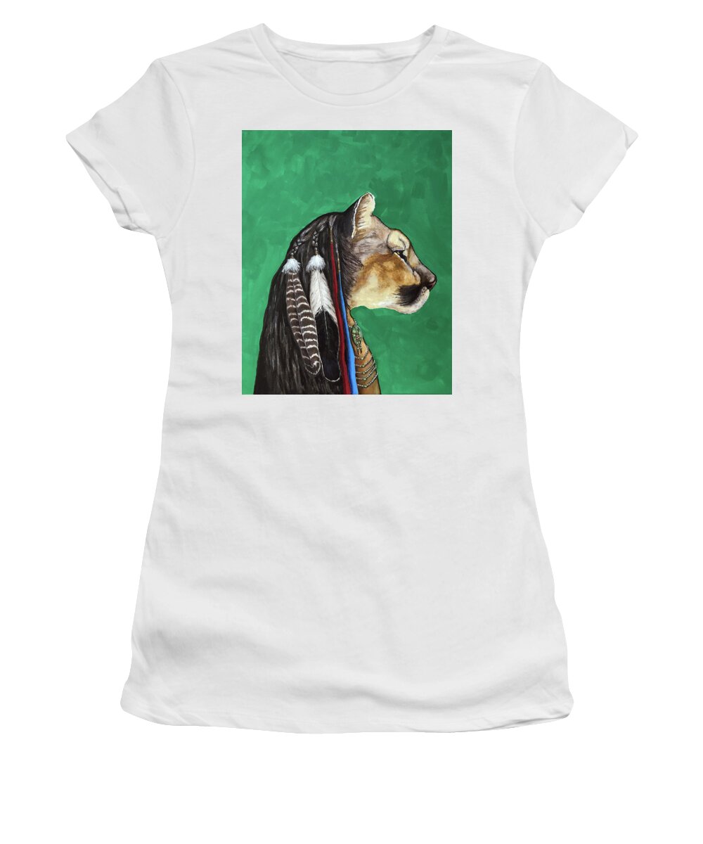 Mountain Lion Women's T-Shirt featuring the painting Hunts with Lions by Mr Dill