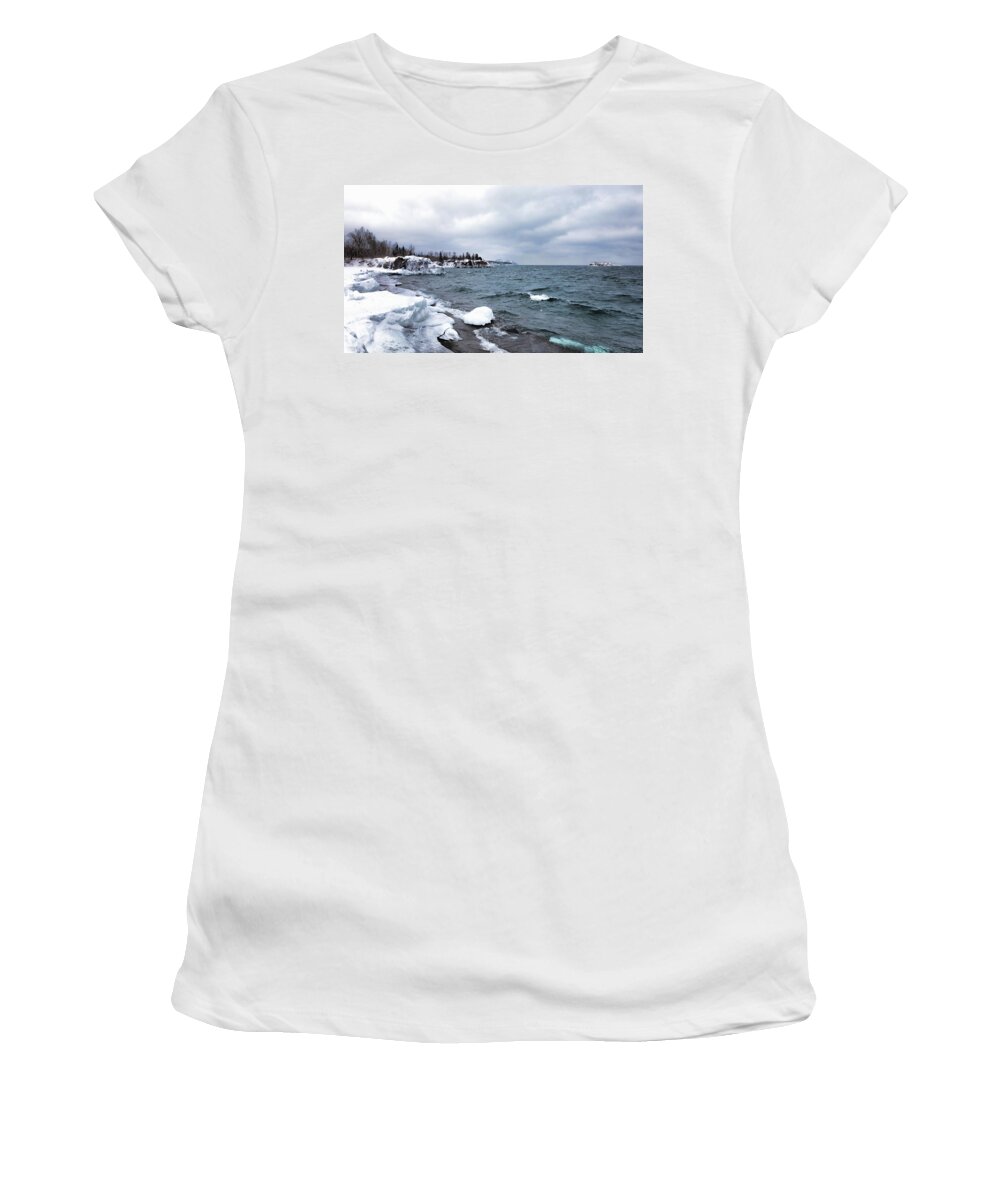 Lake Superior Women's T-Shirt featuring the photograph Icy Minnesota North Shore by Susan Rissi Tregoning