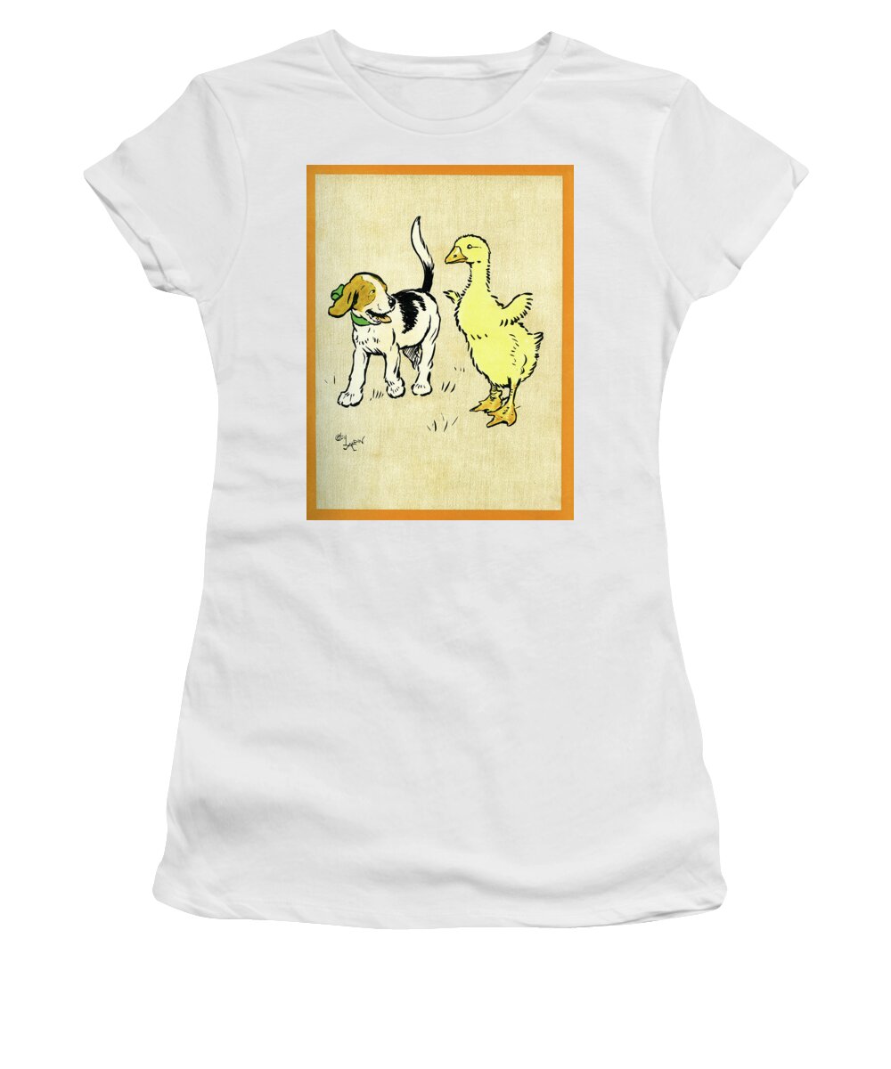 Puppy Women's T-Shirt featuring the mixed media Illustration of puppy and gosling by Cecil Aldin