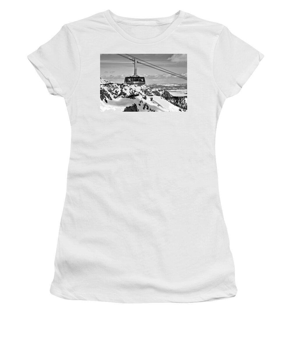Jackson Hole Tram Women's T-Shirt featuring the photograph Jackson Hole Aerial Tram Over The Snow Caps Black And White by Adam Jewell