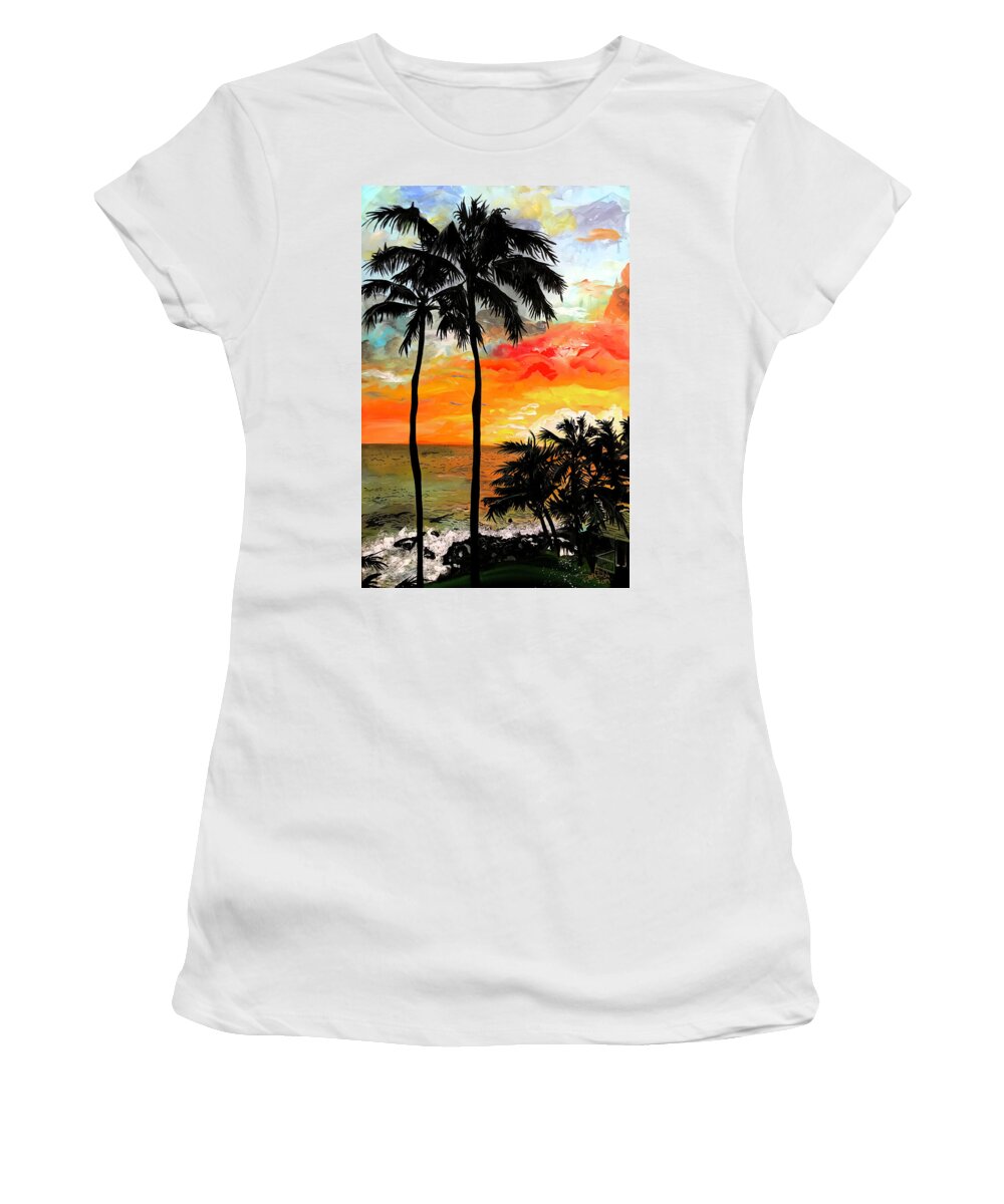 Sunset Palm Tree Ocean Sea Colors Colorful Hawaii Tropical Vacation Waves Seascape Landscape Sky Horizon Sun Water Dark Contrast Women's T-Shirt featuring the painting John Hawaiian experience by Sergio Gutierrez