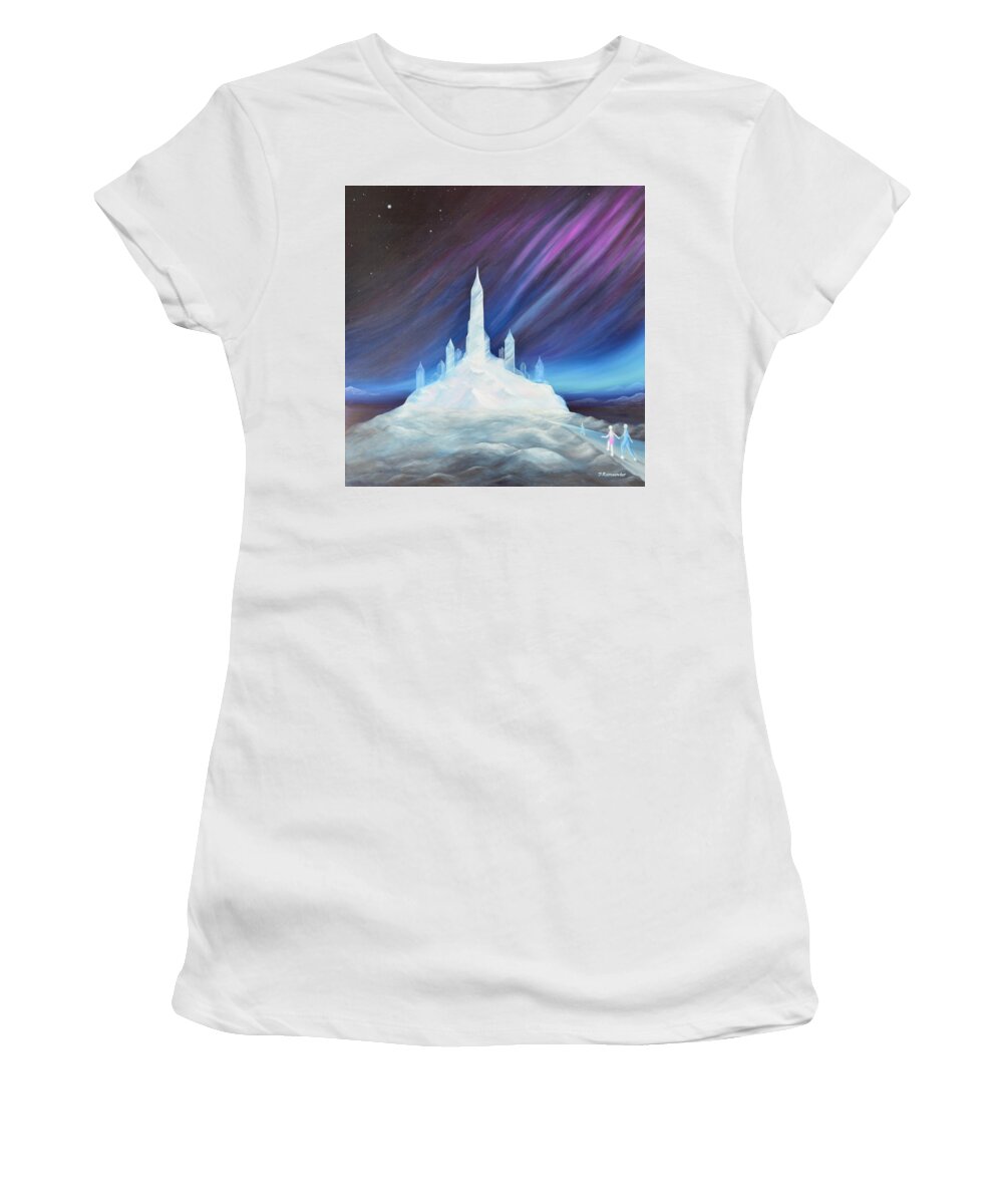 Snow Women's T-Shirt featuring the painting Journey To The Enchanting Ice Fortress by Torrence Ramsundar