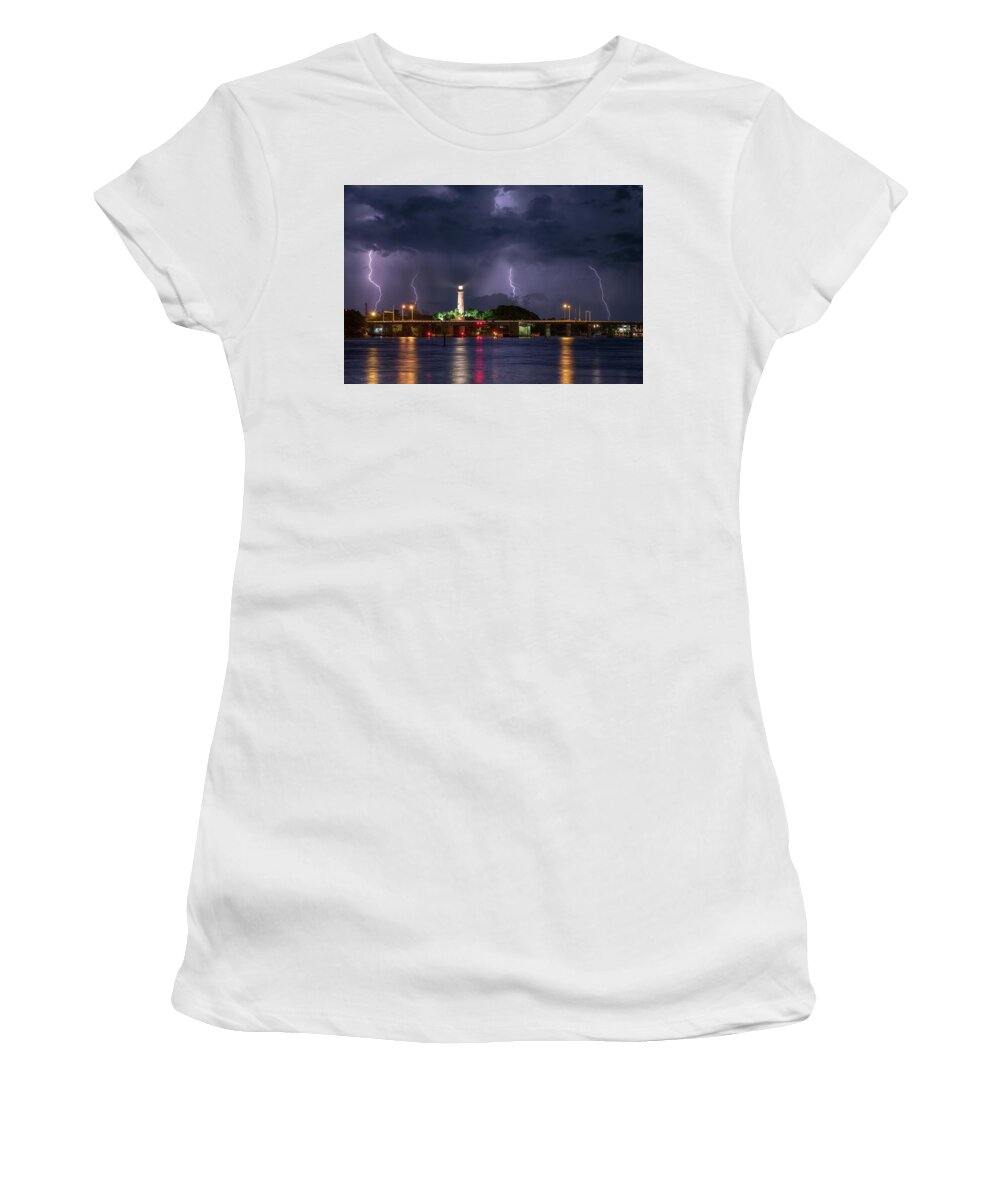 Jupiter Lighthouse Women's T-Shirt featuring the photograph Jupiter Lighthouse Lightning from Sawfish Bay Park by Kim Seng