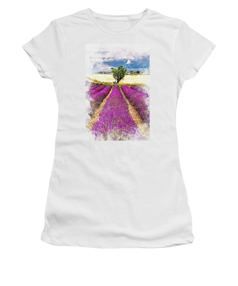 Lavender Women's T-Shirt featuring the painting Lavender fields - 07 by AM FineArtPrints