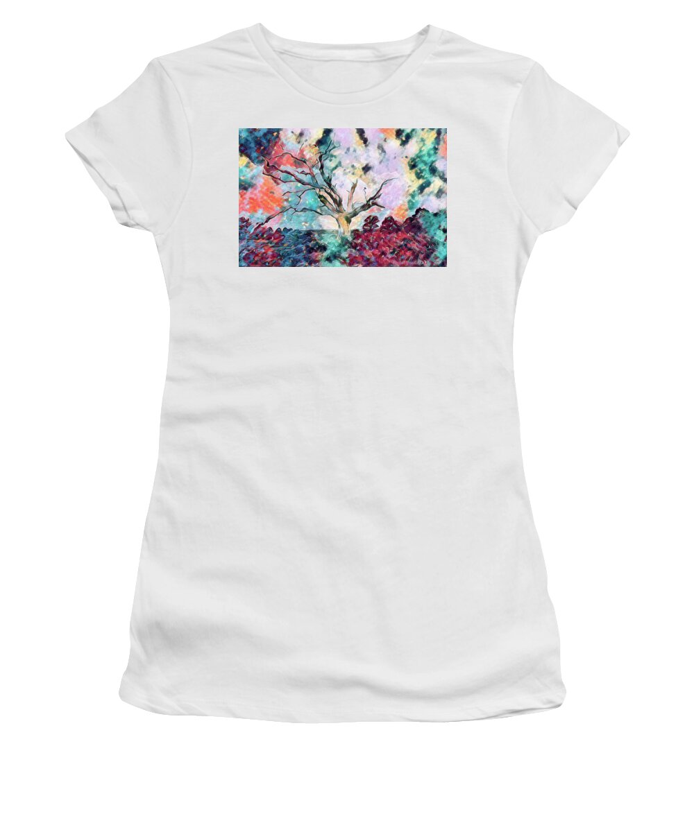 Tree Women's T-Shirt featuring the digital art Lone Tree Colorful Abstract by Roy Pedersen