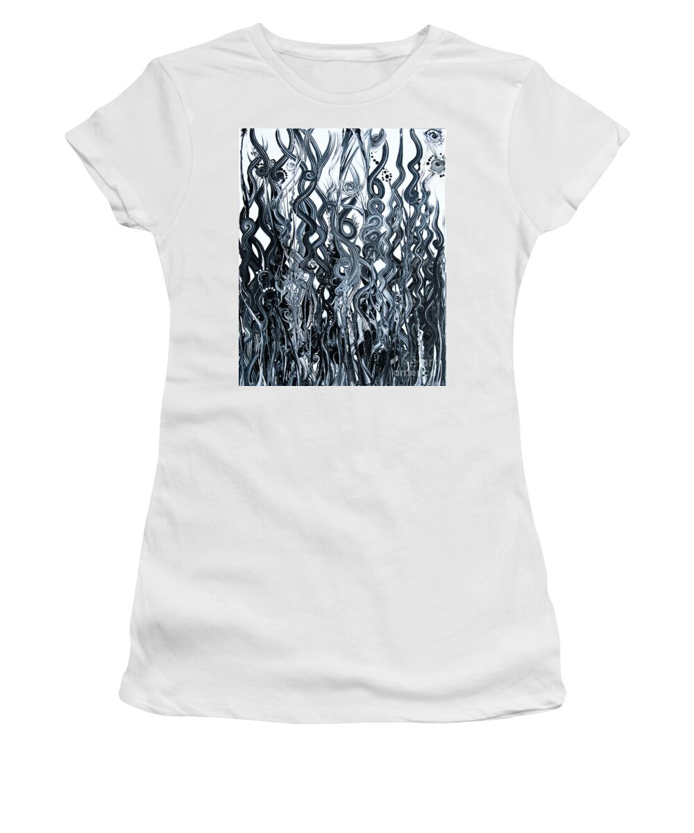 Black And White Organic Energetic Textural Compelling Dynamic Fun Women's T-Shirt featuring the painting Loopy Weedy Garden by Priscilla Batzell Expressionist Art Studio Gallery