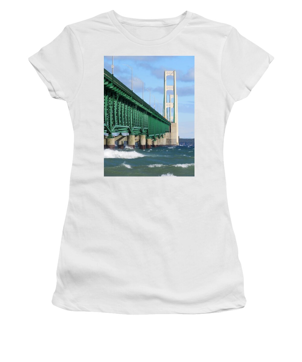 Mackinac Bridge Women's T-Shirt featuring the photograph Mackinac Bridge and Waves by Keith Stokes