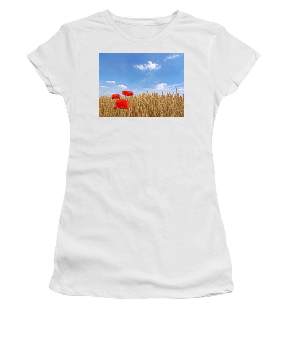 Farm Landscape Women's T-Shirt featuring the photograph Making A Splash Red Poppies In Wheat Field by Gill Billington
