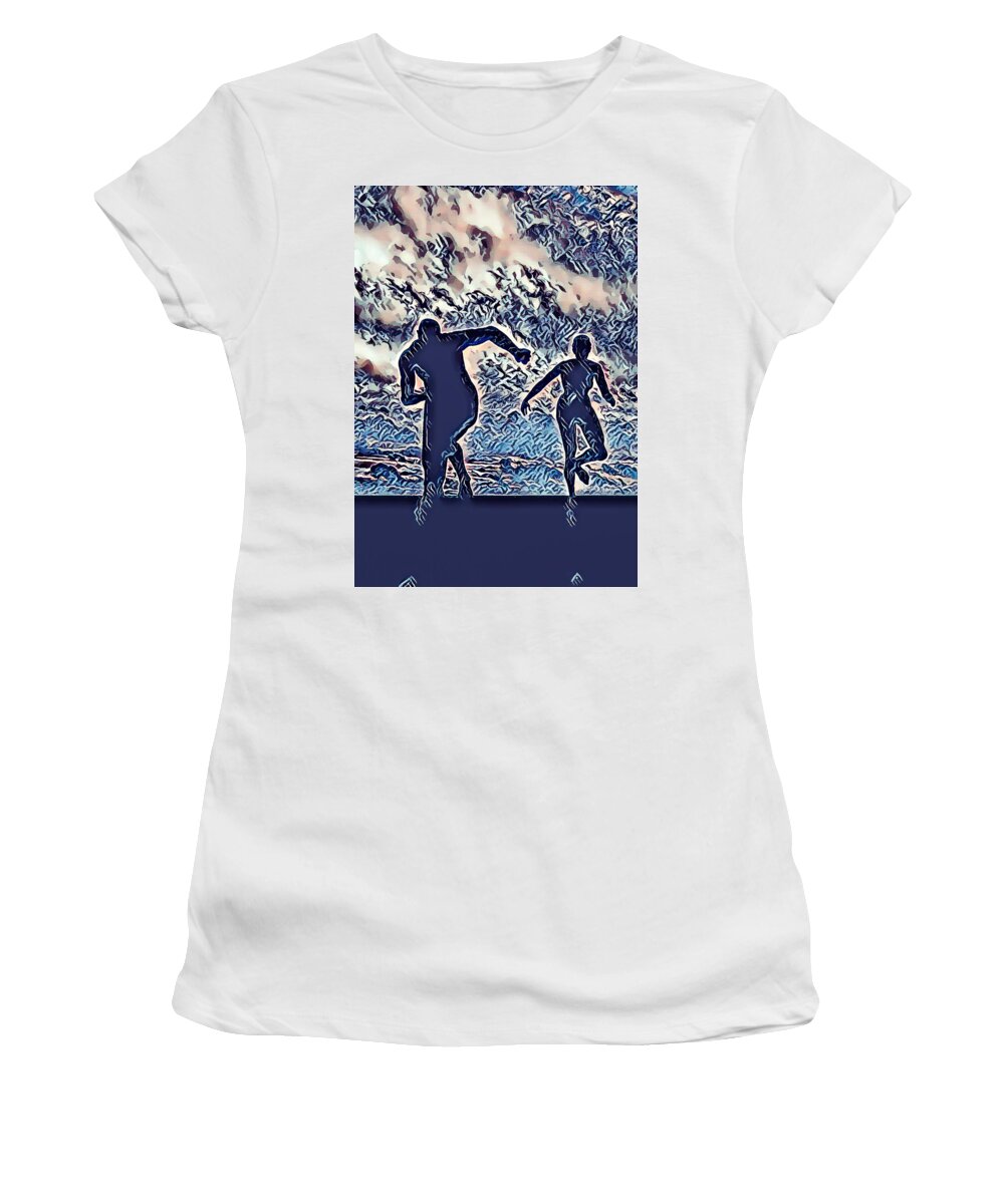 Man Women's T-Shirt featuring the painting Man and Woman running by Jeelan Clark