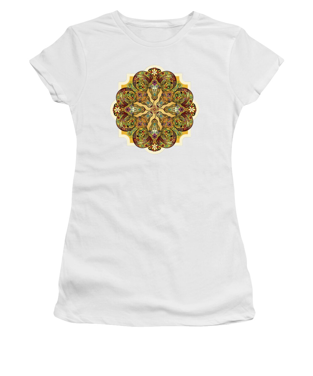 Mandala Women's T-Shirt featuring the digital art Mandala Sacred Rams - Bright Version Sp by Peter Awax