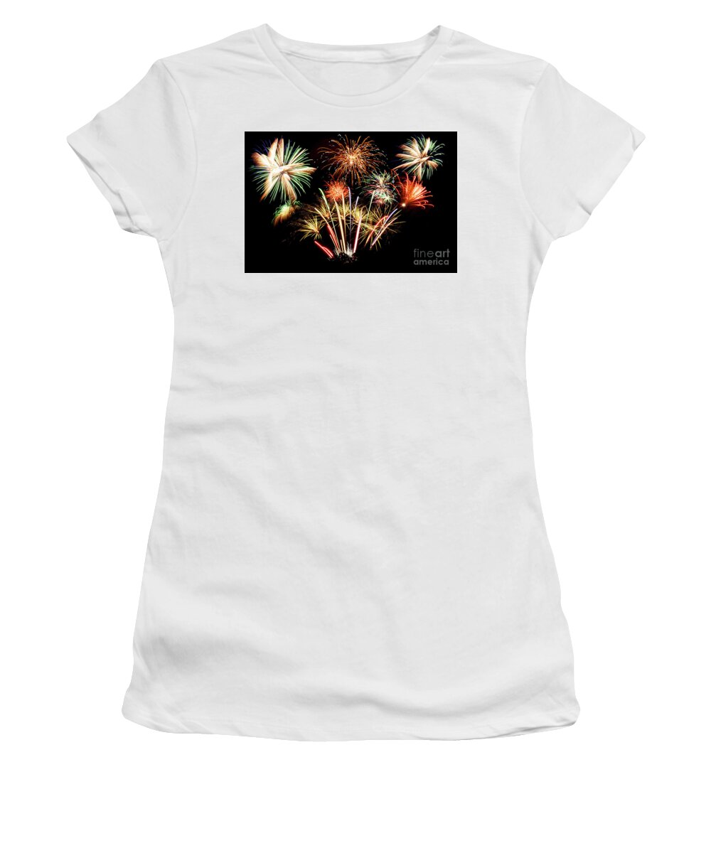 Fireworks Women's T-Shirt featuring the photograph Many firework explosions in the sky by Simon Bratt