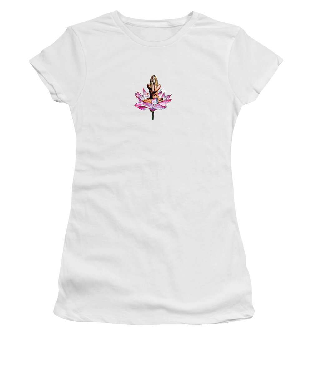 Woman Blonde Beauty Meditation Yoga Yogi Buddha Peace Joy Lotus Flower Pink Pray Color Colorful Sexy Nude Girl Female Lady Love Lover Women's T-Shirt featuring the painting Meditation flower by Sergio Gutierrez