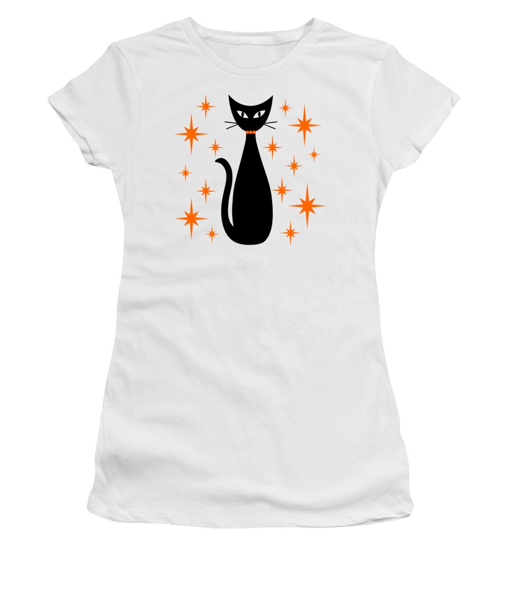 Mid Century Modern Women's T-Shirt featuring the digital art Mid Century Cat with Orange Starbursts by Donna Mibus
