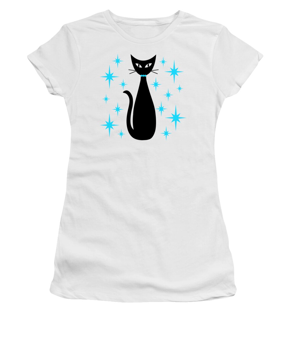 Mid Century Modern Women's T-Shirt featuring the digital art Mid Century Cat with Turquoise Starbursts by Donna Mibus