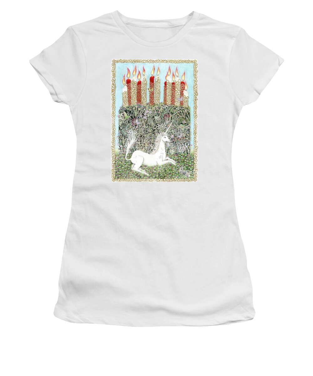 Unicorn Women's T-Shirt featuring the drawing Millefleurs Birthday Cake with Unicorn and Rabbit by Lise Winne