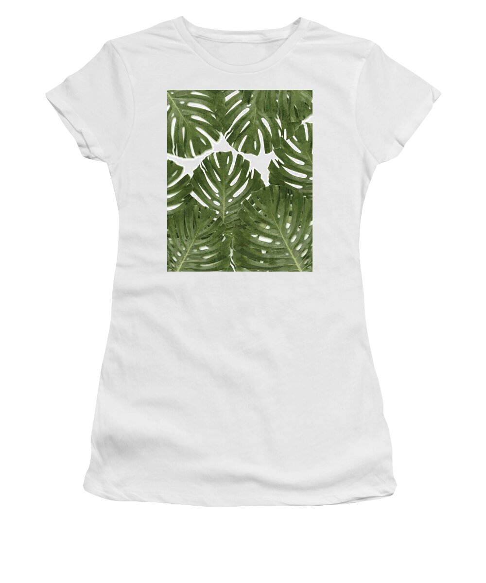 Monstera Women's T-Shirt featuring the mixed media Monstera Leaf Pattern - Green - Tropical, Botanical design - Modern, Minimal Decor by Studio Grafiikka