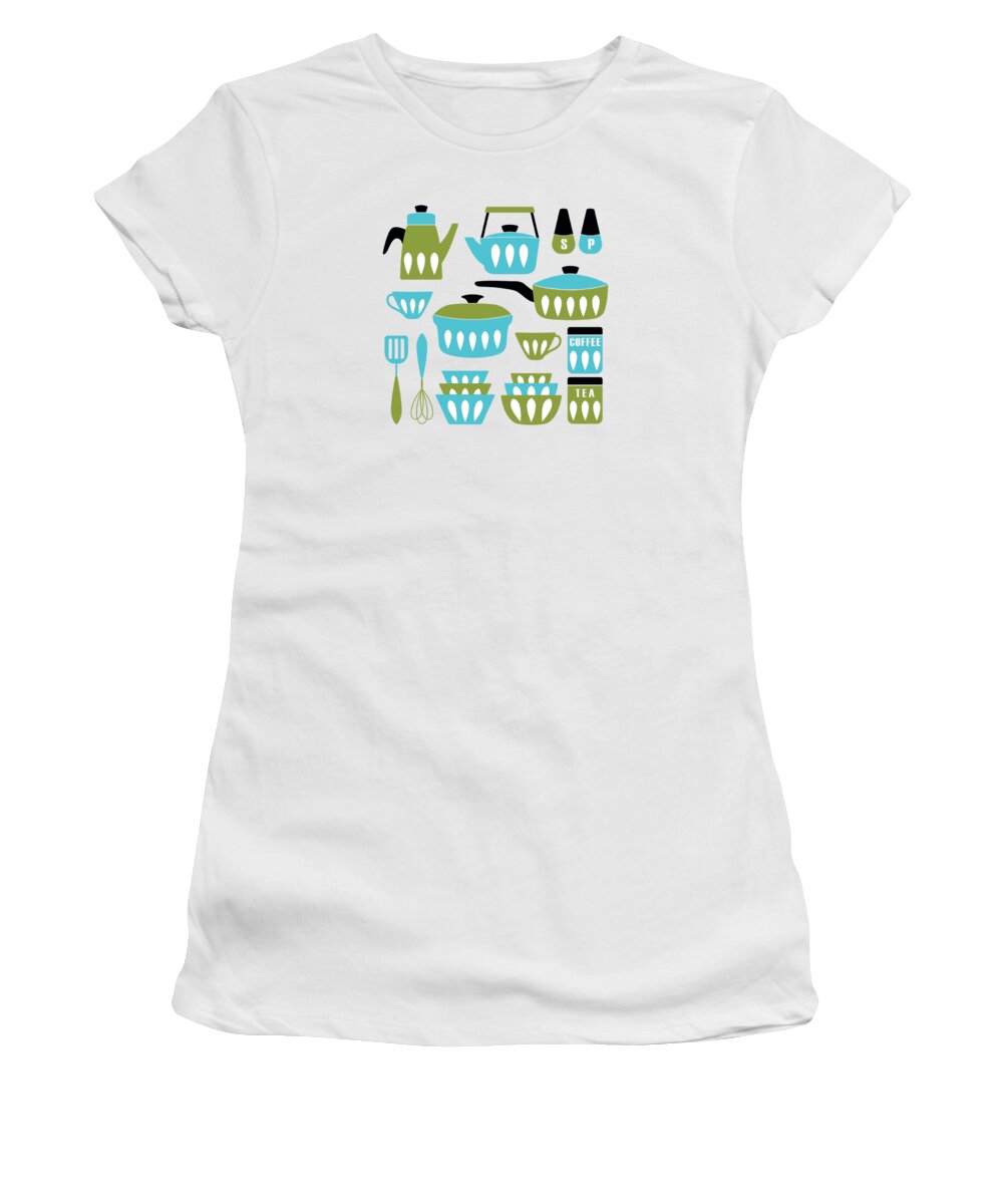 Painting Women's T-Shirt featuring the painting My Midcentury Modern Kitchen In Aqua And Avocado by Little Bunny Sunshine