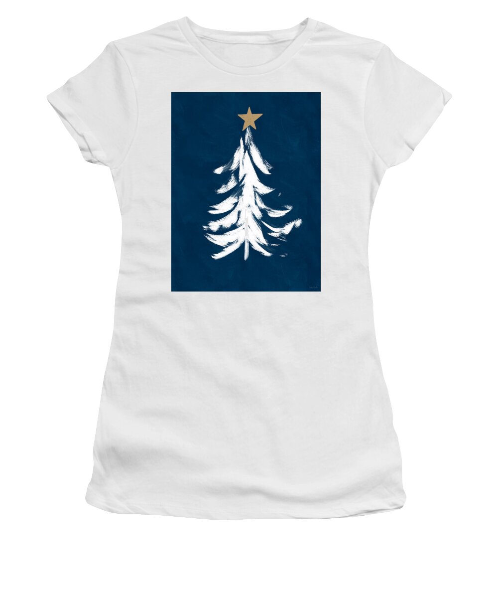 Christmas Women's T-Shirt featuring the mixed media Navy and White Christmas Tree 1- Art by Linda Woods by Linda Woods