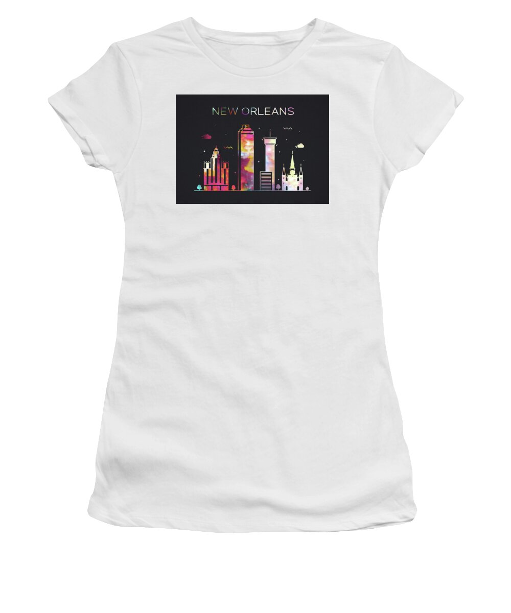 New Orleans Louisiana City Skyline Whimsical Fun Wide Dark Women's T-Shirt  by Design Turnpike - Instaprints