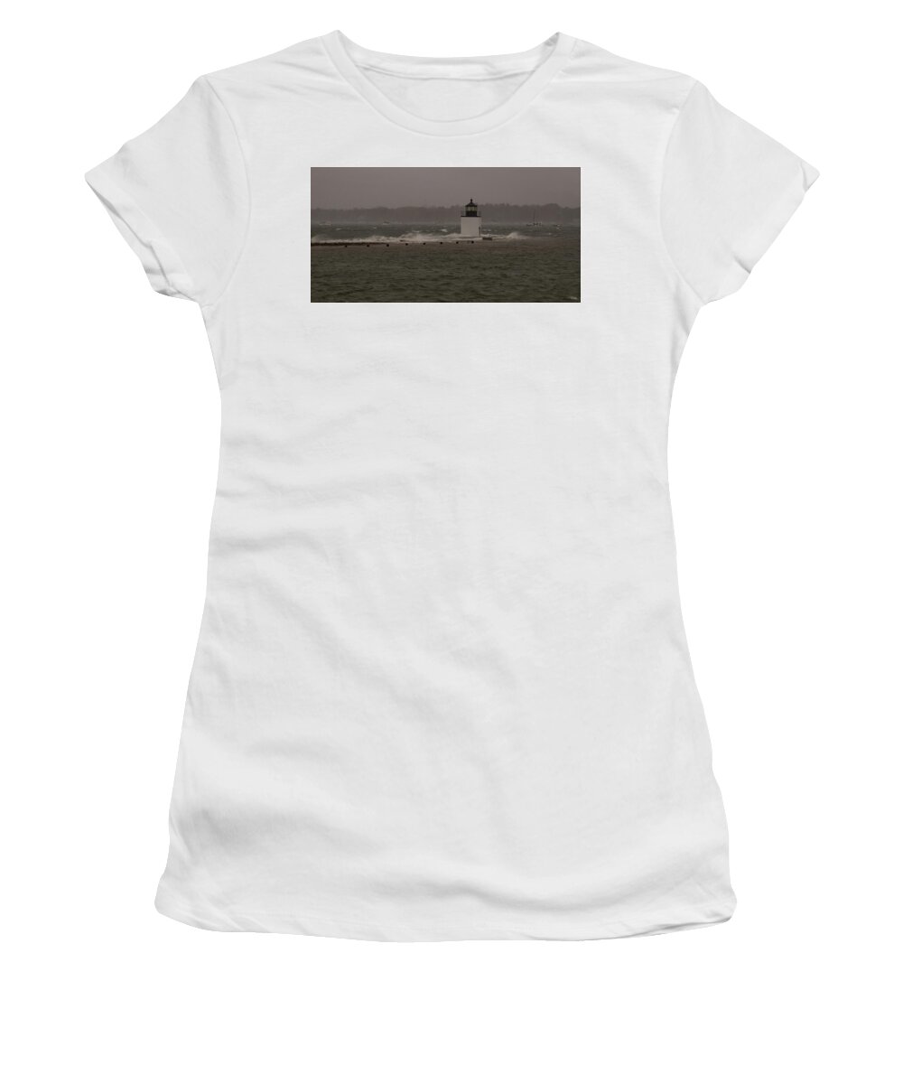 Salem Ma Women's T-Shirt featuring the photograph October Storm at Derby Wharf Lighthouse by Jeff Folger