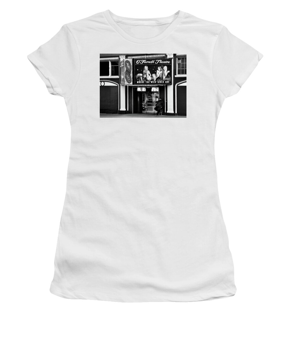 Farrell Women's T-Shirt featuring the photograph O'Farrell Theatre entrance BW by RicardMN Photography