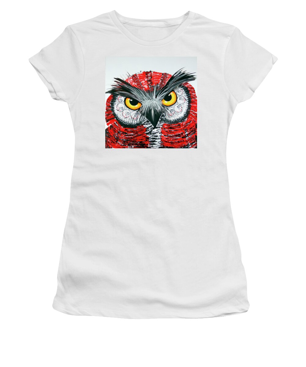 Owl Women's T-Shirt featuring the painting OL Red White Black by Laurel Bahe
