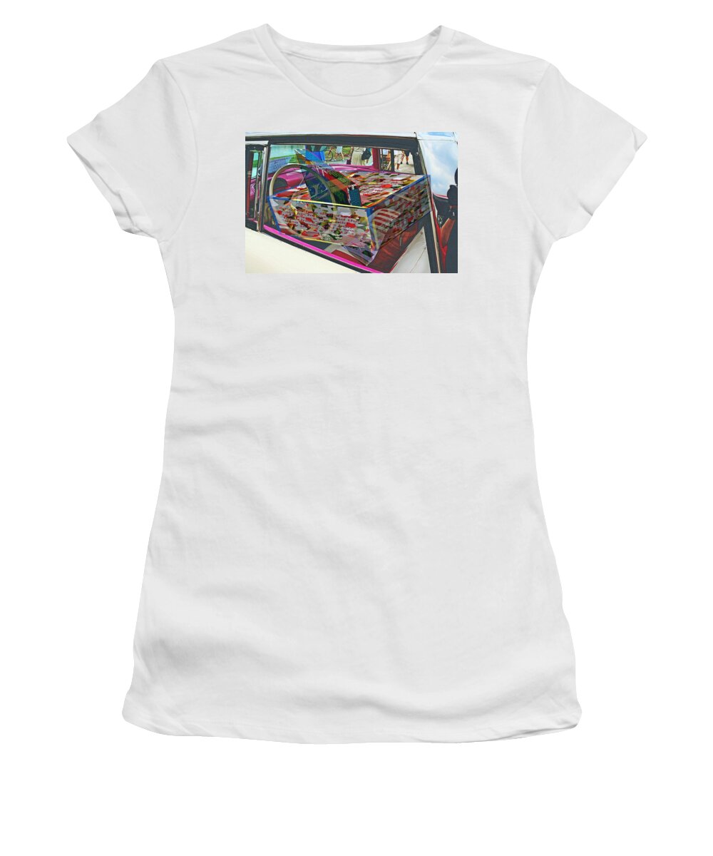 Cars Women's T-Shirt featuring the photograph Old car interior with 3D text boxes by Karl Rose