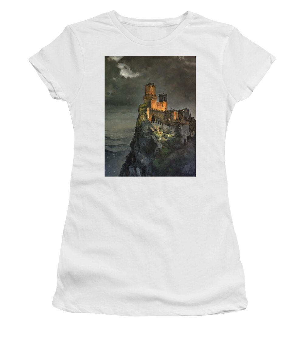 Castle Medieval Realism Oil Painting Fine Art Night Moon Ocean Shoreline Women's T-Shirt featuring the painting Once Upon A Crescent Night by T S Carson
