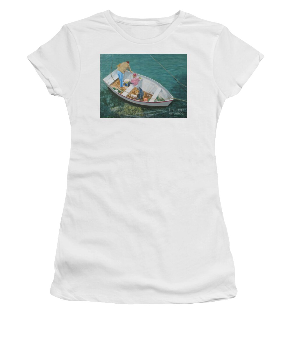 Painting Dad With Three Kids In Boat At Solva Pembrokeshire Wales Women's T-Shirt featuring the painting Painting Dad with Three Kids in Boat at Solva Pembrokeshire Wales by Edward McNaught-Davis