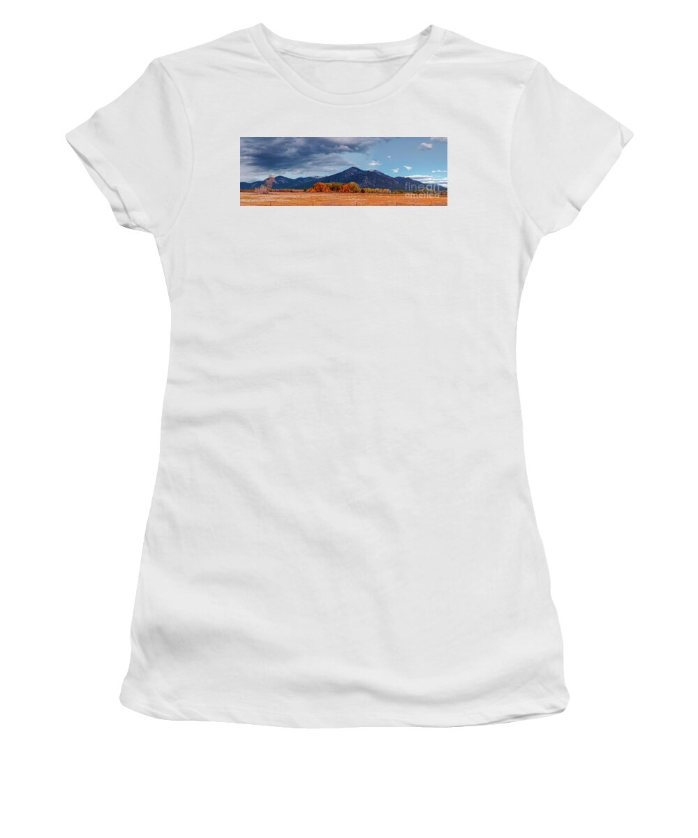 Taos Women's T-Shirt featuring the photograph Panorama of Ominous Clouds Above Pueblo Peak and Sangre de Cristo Mountains - Taos New Mexico by Silvio Ligutti