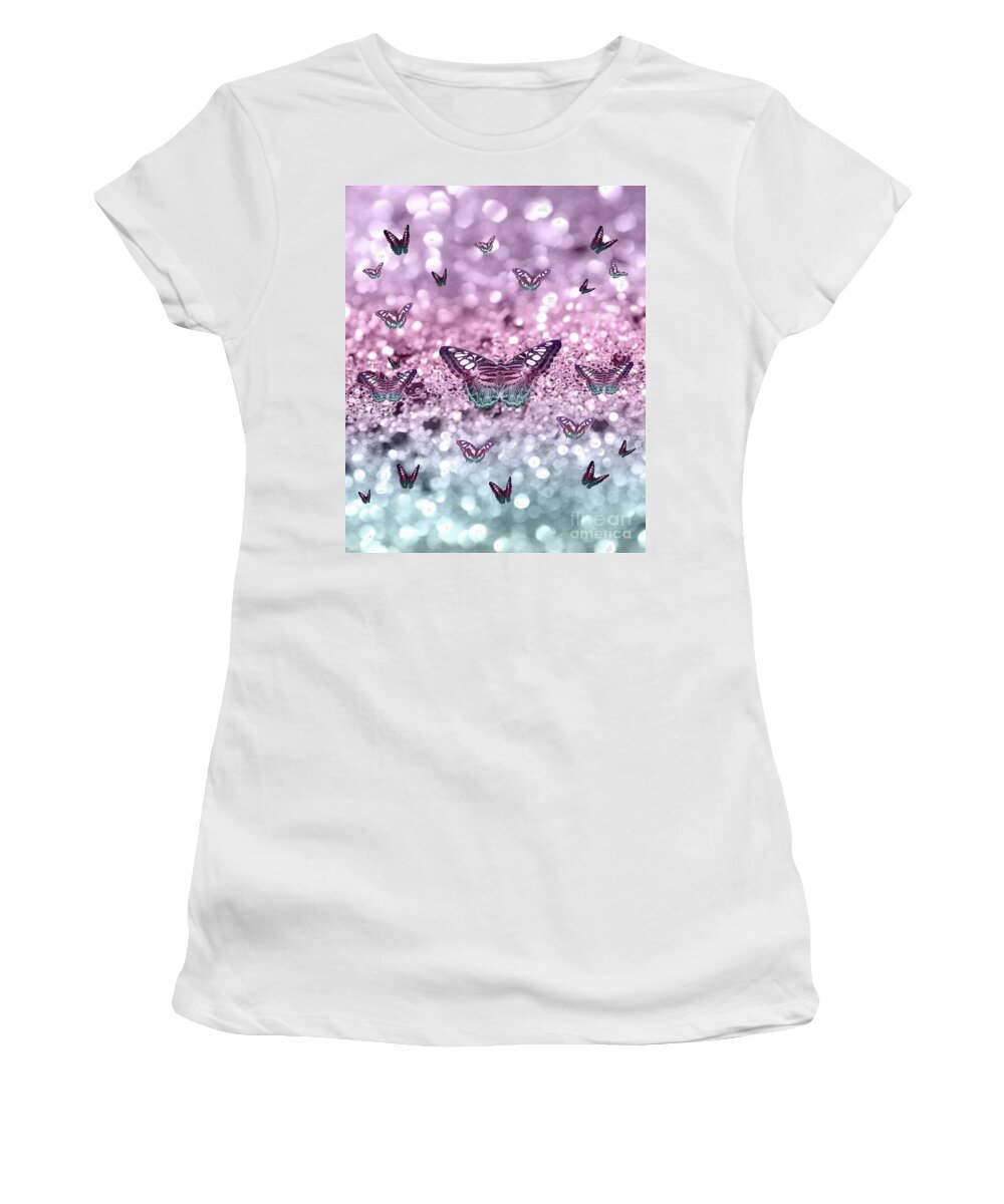 Collage Women's T-Shirt featuring the mixed media Pastel Unicorn Butterfly Glitter Dream #2 #shiny #decor #art by Anitas and Bellas Art